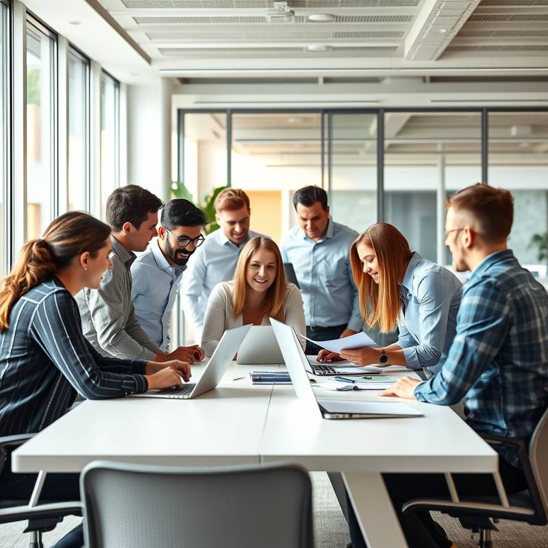 A diverse group of people collaborating and learning in a modern office environment.
