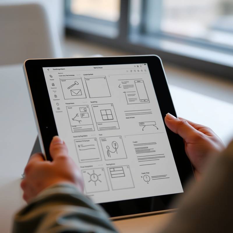 User interface sketches and wireframes displayed on a tablet, representing a UX design course.